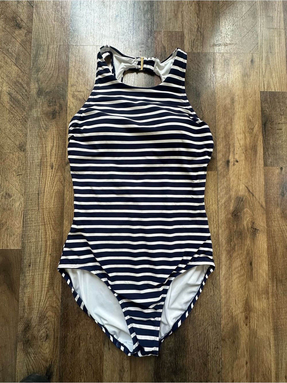Lands' End Navy and White Striped Girls One-Piece Swim Suit
